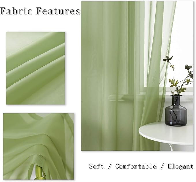 DUALIFE Sage Green Sheer Curtains 45 Inch Length for Kitchen Window 2 Panels Set Home Decoration Spring Window Treatments for Living Room Bathroom Dining Room St Patric Day Decor 52X45 Inhces Long