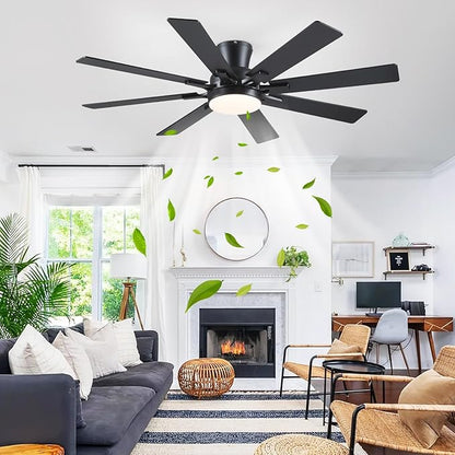 Ceiling Fans with Lights- 52" Low Profile Indoor Ceiling Fan with Light and Remote/APP Control, 8 Blade,Flush Mount, LED Dimmable DC Reversible Modern Ceiling Fan for Bedroom（Black）