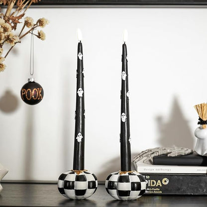 WDS WONDROUS Pumpkin Candle Holders Set of 2 Black & White, Fall & Halloween Thanksgiving Decor, Pumpkins Candlestick Holders for Centerpiece, Checkered Pumpkin Decor, Taper Candle Holders for Table