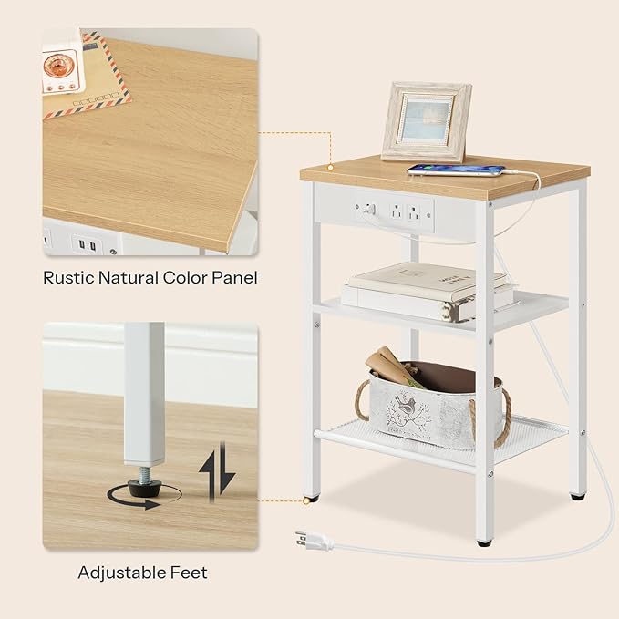 HOOBRO Side Table with Charging Station and USB Ports, Small End Table for Small Space, 3-Tier Nightstand with Adjustable Shelf, for Living Room, Bedroom and Balcony, Natural and White WN112BZ01