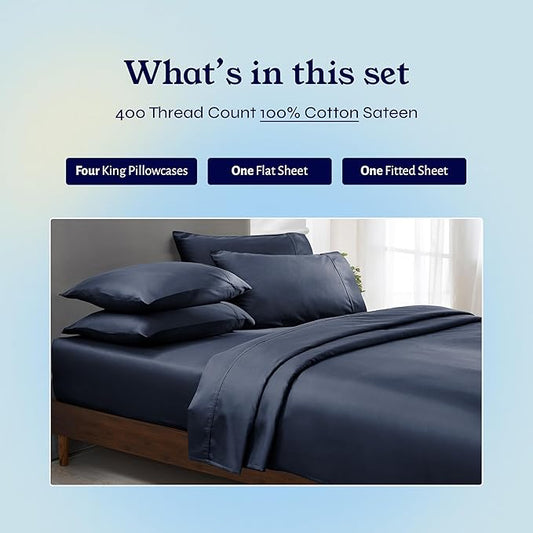 California Design Den 6-Pc King Size Sheet Set with 4 Pillowcases - Soft 400 Thread Count 100% Cotton Sheets, Cooling Sateen Weave, Luxury Deep Pocket Bedsheets Set - Indigo Dusty Blue
