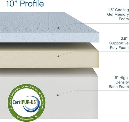 Cool Gel 10 Inch Queen Memory Foam Mattress Medium Firm, Memory Foam Mattress Queen Size Cooling, Made in the USA, 10" Depth with Pressure Relief, CertiPUR-US Certified No Fiberglass, CoolGel Bed