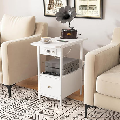 LIDYUK End Table with Charging Station, Narrow Side Table with Drawer and USB Ports & Power Outlets, Nightstand Bedside Tables for Small Spaces, Bedroom, Living Room, White