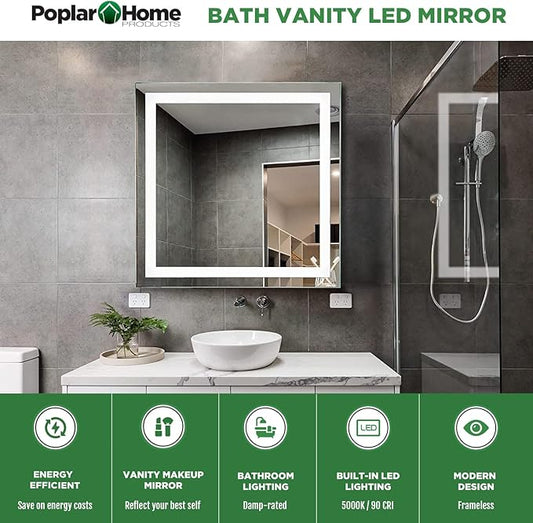 LED Vanity Bathroom Mirror 32 x 32 in. Wall Mounted, Dimmable, Lighted, Anti-Fog Mirror – Modern, Frameless Design