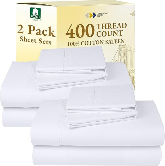 California Design Den 2-Pack Cal King Bedsheet Set - 400 Thread Count Sateen 100% Cotton Sheets - Extra Soft, Breathable & Cooling Sheets, Wrinkle Resistant, 2 Sets of Deep Pocket Bed Sheets - White