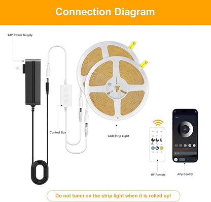 COB LED Strip Lights Warm White,24V Dimmable led Light Strip KIT with Remote and app Control,3000K 50FT/15m 8mm Wide Ra>90 Cuttable Flexible Strip Lights for Bedroom,Shelf,Cabinet