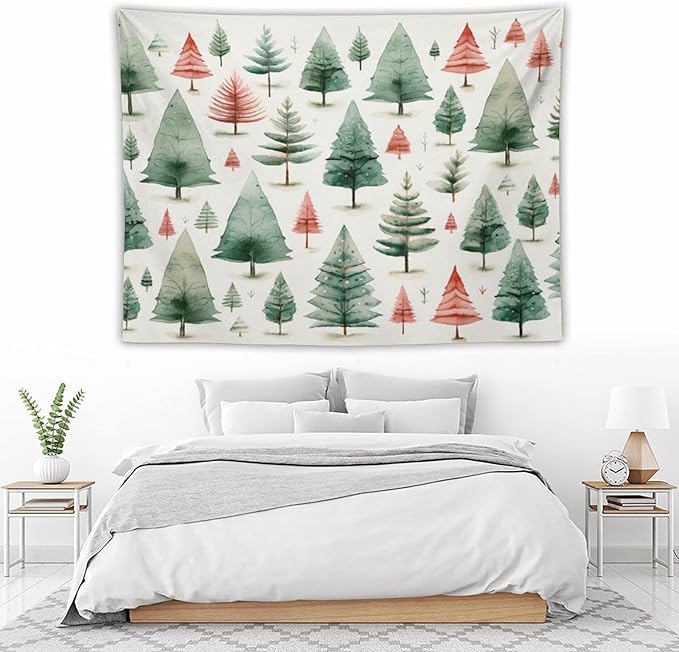 MaSiledy Vintage Christmas Tree Watercolor Tapastry's Wall Hanging Xmas Rustic Winter Holiday Tapestry for Bedroom Aesthetic Landscape Tapestry Wall Hanging for Bedroom Living Room Dorm Decor 60"x80"