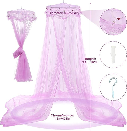 Jeteventy Bed Canopy for Girls, Princess Bed Curtain Net for Single to King Size,Bedroom Decoration of Round Lace Dome with Stainless Steel Hook,Quick Easy Installation (Purple)