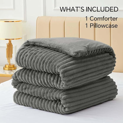BEDELITE Fleece Twin Comforter Set -Super Soft & Warm Fluffy Grey Bedding, Luxury Fuzzy Heavy Bed Set for Winter with 1 Pillow case