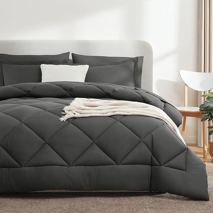 CozyLux King Size Comforter Set Dark Grey - 7 Pieces Bed in a Bag King, Luxury Soft Bed Set for All Seasons, Bedding Set with Down Alternative Comforter, Sheets, Pillowcases & Shams