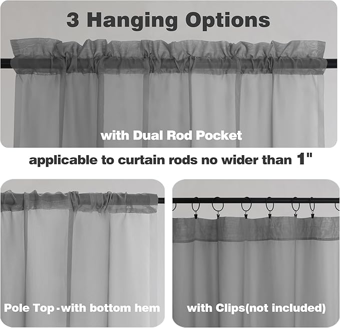 Chyhomenyc Sheer Window Curtains 63 inch Length 2 PCS- Rod Pocket Living Room Curtain Panels Voile Textured Soft and Lightweight Window Treatments for Bedroom Decor, 42W x 63L Inches, Charcoal Grey