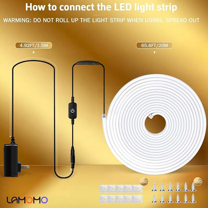 Lamomo LED Neon Lights, 24V Warm White Dimmable LED Rope Lights, 65.6ft Waterproof Flexible LED Strip Lights, Silicone 3000K Neon LED Strip for Bedroom Indoor Outdoor Decor