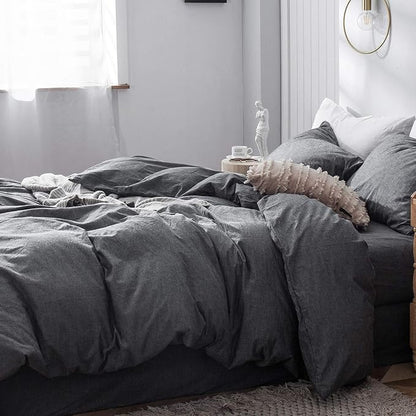 MooMee Bedding Duvet Cover Set 100% Washed Cotton Linen Like Textured Breathable Durable Soft Comfy (Heathered Dark Grey, Super King 108"x98")