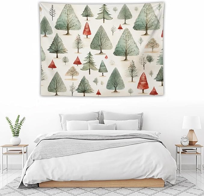 Tapestry Vintage Christmas Tree Watercolor Tapestry for Bedroom Aesthetic Happy Winter Holiday Wall Tapestry Wall Tapestry for Dorm Living Room Landscape 30"x40" Christmas Family Party