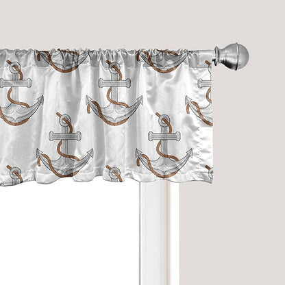 Ambesonne Vintage Nautical Tattoo Window Valance, Repetitive Anchor and Motif Maritime Pattern, Curtain Valance for Kitchen Bedroom Decor with Rod Pocket, 42" x 18", Pale Cinnamon Pale Grey