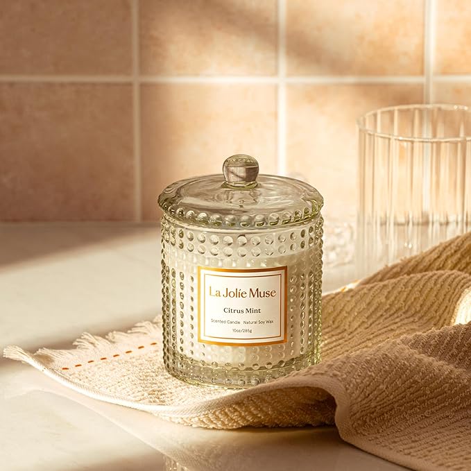 LA JOLIE MUSE Citrus Mint Candle, Summer Candles for Home Scented, Luxury Eucalyptus Candles Gifts for Women & Men, Natural Soy Wax, 75 Hours 10 OZ