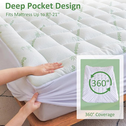 Bioeartha Cooling Mattress Topper Full – Extra Soft Pillow Top Mattress Pad, Breathable Viscose Made from Bamboo Mattress Protector for Back Pain Relief, Deep Pocket Cover Fits 8–21 Inch