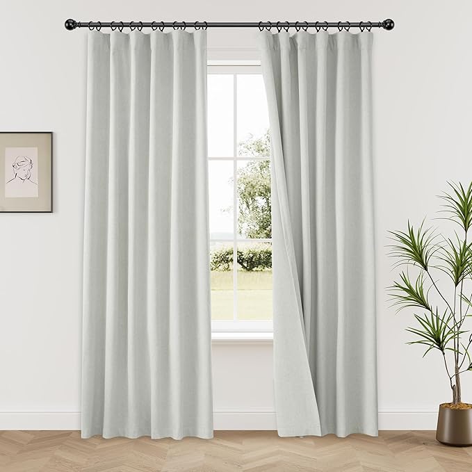 KangBang 72 Inch Wide Blackout Curtain Panels-Back Tab Loop Pocket Pinch Pleated Black Out Drapes for Sliding Patio Door, Soft Natural Curtains for Bedroom 2 Panels, 72x84 Inch, Greyish White
