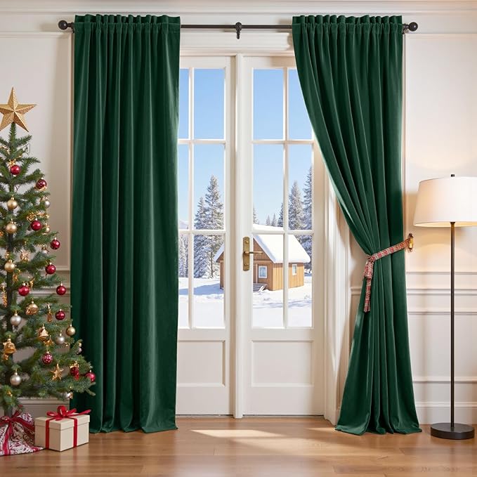 Lazzzy Velvet Blackout Curtains Thermal Insulated Room Window Drapes Super Soft Luxury Curtains for Living Room Bedroom Rod Pocket 2 Panels, Emerald Green, 52" W x 120" L