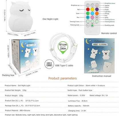 Owl Night Light Baby Bedside Lamp Child, Silicone Nursery Lamp for Breastfeeding Bedroom Mood Lights, Eye Caring, Adjustable Brightness & Color, Time Setting, Holiday Gifts - Medium