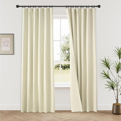 KangBang Ivory Cream Blackout Linen Curtains 84 Inches Long 2 Panels Set, Pinch Pleated Thermal Insulated Drapes Back Tab Baby Sleep Friendly Window Treatments Buttermilk, 52Wx84L.