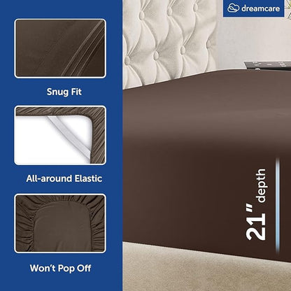 DREAMCARE King Size Sheets Set – 4 pcs Cooling Sheets – up to 21” Deep Pocket King Sheet Set – Hotel Luxury Sheets & Pillowcases – Superior Softness 100% Microfiber with Side Pocket - Mocha Brown