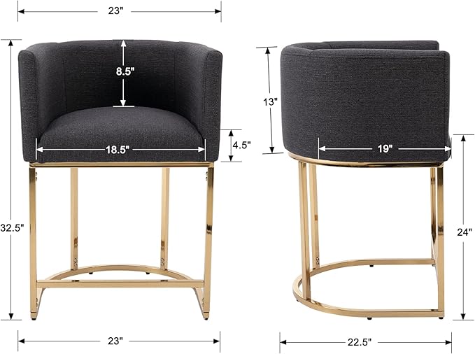 Modern Counter Height Linen Upholstered Bar Stools Set of 3, 24" Kitchen Counter Island Stools Bar Chairs with Gold Metal Frame for Kitchen Island, Charcoal