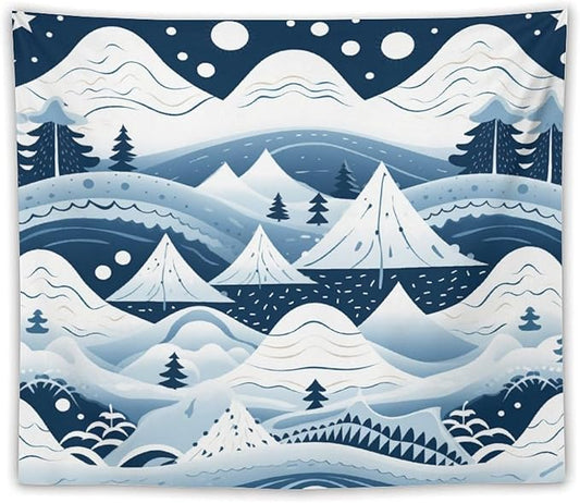 Wall Tapestry Snow Mountain Scandinavian Winter Tapestry Happy New Year Vintage Aesthetic Tapestry Wall Hanging Wall Art for Bedroom Wall Hanging for Room 50"x60" Christmas Family Party