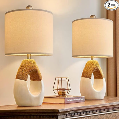 OYEARS Boho Table Lamps Bedroom Living Room Set 2 Small Farmhouse Rattan Table Lamp 19”Rustic Home Decoration Nightstand Bedside Lamp for Office Compatible with Smart Light Bulbs(Not Include Bulbs)