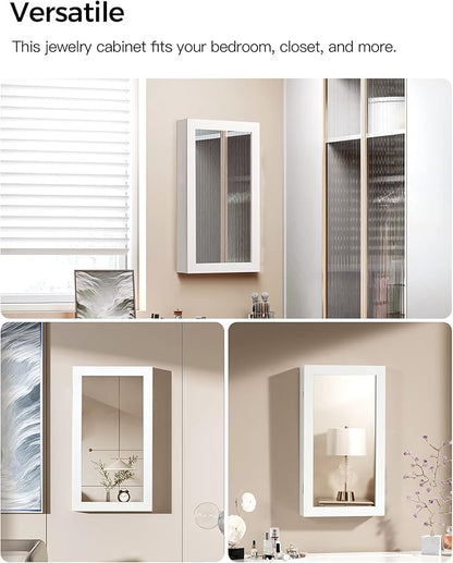 SONGMICS Lockable Jewelry Cabinet Armoire with Mirror, Wall-Mounted Space Saving Jewelry Storage Organizer, Christmas Gift, White UJJC51WT