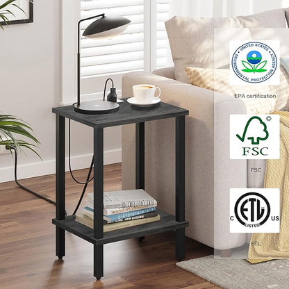 TUTOTAK End Table with Charging Station, Set of 2, Small Side Table, Nightstand Bedside Table, 2-Tier Storage Shelf for Small Space, Living Room, Bedroom Charcoal Grey TB01BY041