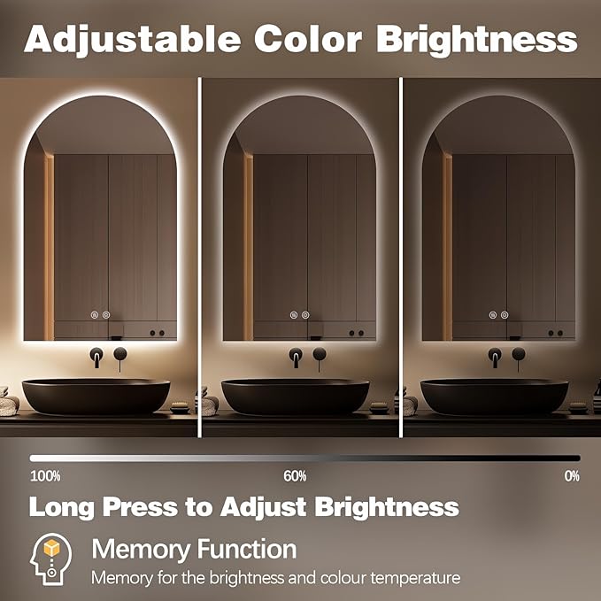 Niccy Arched LED Bathroom Mirror, 40x30 Inch Arch Frameless Backlit Mirrors for Wall Arched Lighted Vanity Mirrors Defogger and 3 Color, Explosion-Proof, HD Glass and IP65 Waterproof
