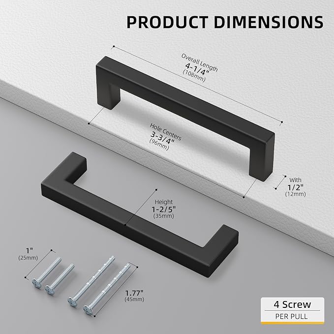 Goldenwarm 2Pack Black Square Bar Cabinet Pull Drawer Handle Stainless Steel Modern Hardware for Kitchen and Bathroom Cabinets Cupboards,Center to Center 3-3/4in (96mm) Kitchen Pulls for Cabinets