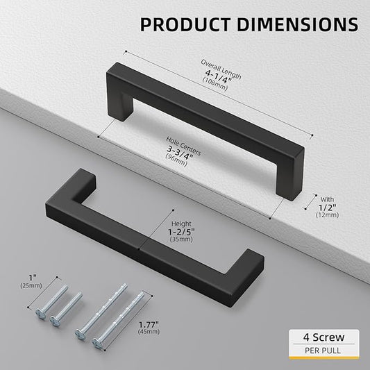 goldenwarm 150 Pack 3-3/4 Inch Black Cabinet Handles Matte Black Drawer Pulls Stainless Steel Cabinets Hardware Square Bar Modern for Kitchen Bathroom Cupboard