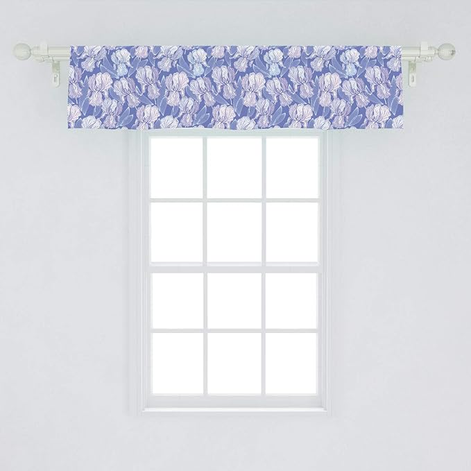 Lunarable Flower Window Valance, Blossomed Iris Flower Spring Garden Art, Curtain Valance for Kitchen Bedroom Decor with Rod Pocket, 54" X 12", Blue