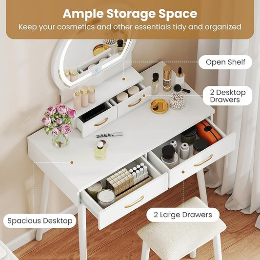 CHARMAID Vanity Desk with Mirror and Lights, Modern Makeup Vanity Table with 4 Drawers, 3-Color Dimmable LED Mirror, Girls Dressing Table and Stool Set for Small Bedroom (White)