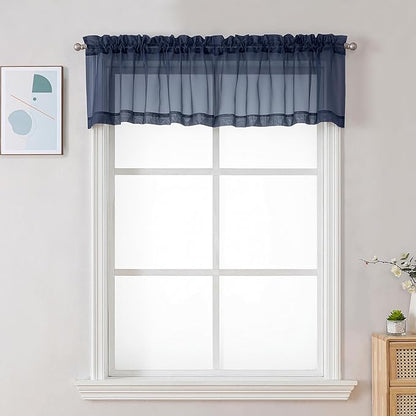 Chyhomenyc Sheer Window Valance Curtains, 42x14 Inches Light Filtering Valances Windows Treatment, Small Rod Pockets Voile Sheer Curtains for Living Room/Bathroom/Basement, Navy Blue, 2PCS