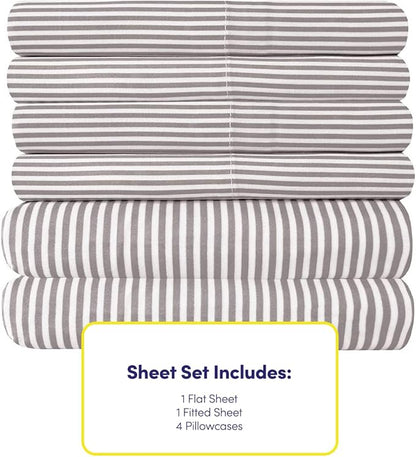 Queen Sheets Stripe Grey - 6 Piece 1500 Supreme Collection Fine Brushed Microfiber Deep Pocket Queen Sheet Set Bedding - 2 Extra Pillow Cases, Great Value, Queen, Classic Stripe Gray