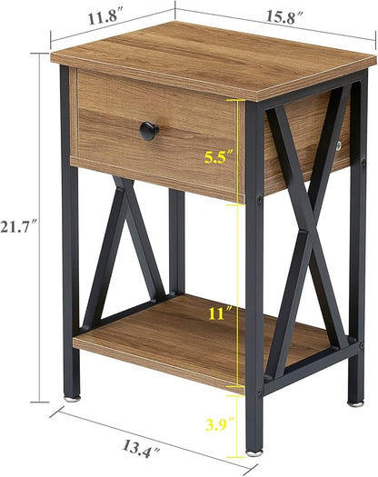 VECELO Nightstands Set of 2, Modern Bedside End Tables, Night Stands with Drawer and Storage Shelf for Living Room Bedroom, Industrial Metal Frame