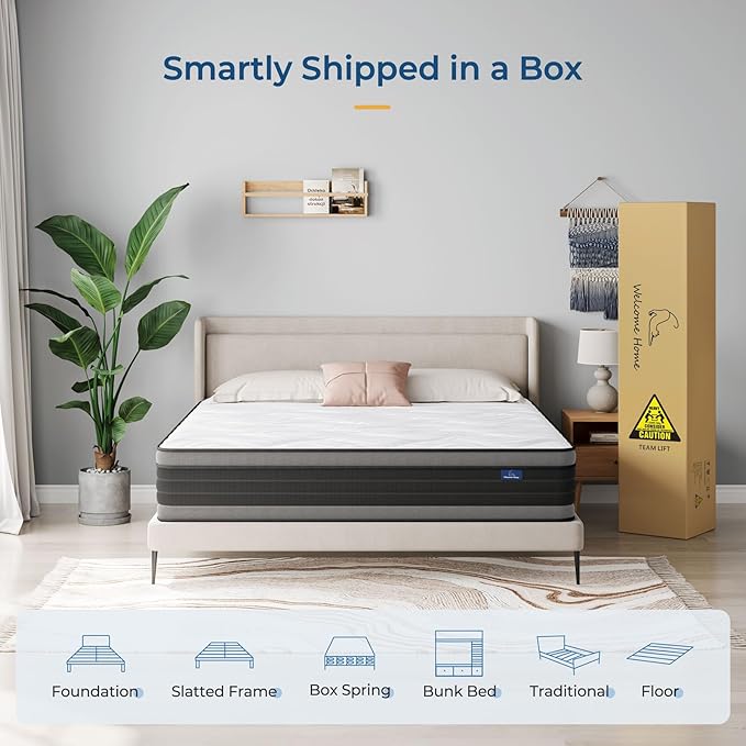 Vesgantti Queen Mattress, 14 Inch Hybrid Innerspring Mattress with Memory Foam, Individually Pocket Coils for Motion Isolation, Queen Size Mattress in a Box, Medium Firm Feel