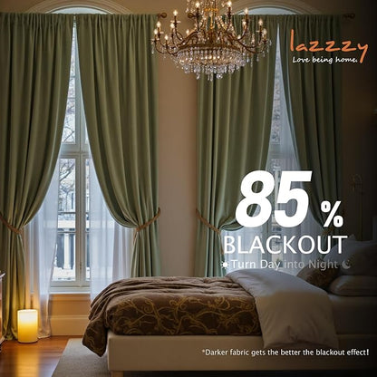 Lazzzy Velvet Blackout Curtains Green 90 Inch Long Thermal Insulated Curtain Heavy Duty Drapes Room Darkening Blackout Curtains Bedroom Window Treatment Set of 2 Panels Rod Pocket Sage