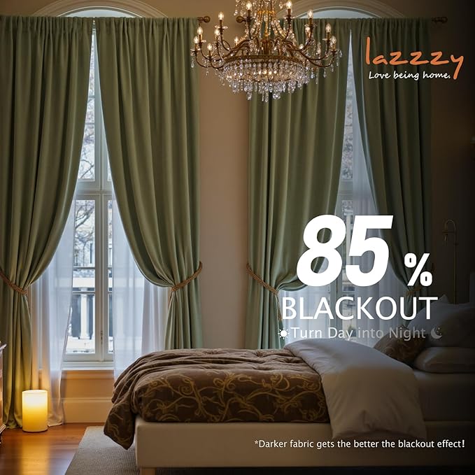 Lazzzy Velvet Blackout Curtains Thermal Insulated Room Window Drapes Super Soft Luxury Curtains for Living Room Bedroom Rod Pocket 2 Panels, Olive Sage, 62" W x 108" L