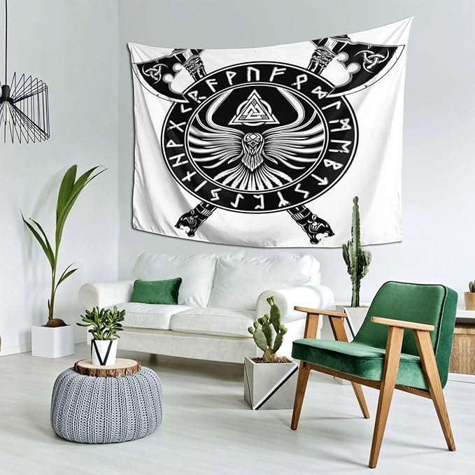 Gizmac Viking Black Axe Crow Scandinavian Runes Room Tapestry Bedroom Living Room Decor Tapestry(80x60 Inches)