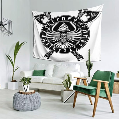 Gizmac Viking Black Axe Crow Scandinavian Runes Room Tapestry Bedroom Living Room Decor Tapestry(80x60 Inches)