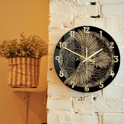 15 Inch Scandinavian Tattoo Odin's Celtic Raven Wall Clock, Norse Viking Man Cave Wall Clock Runic Symbols Crow Vintage Decorative Silent Non Ticking Battery Wall Watch Clock for Living Room