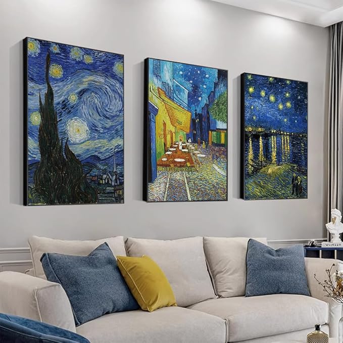 ARTFEB 3 Piece Canvas Wall Art,Classic Van Gogh Artwork Painting Reproduction,Starry Night Over The Rhone Cafe Terrace At Night Giclee Canvas Prints Wall Art for Home Office Decor(Blue, 16" X 24" X 3