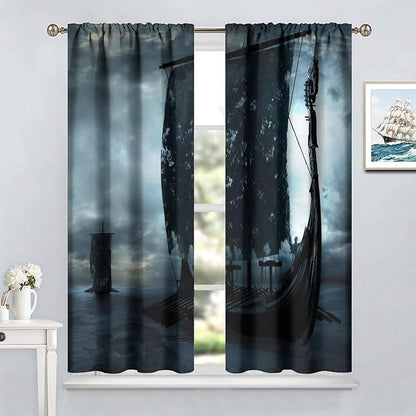 Viking Ship Curtains, Night Scene with Black Vikings Dragon Ship Sailing, Vintage Ancient Scandinavian Nautical Print Blackout Window Drapes for Boys Bedroom Living Room 72x63in