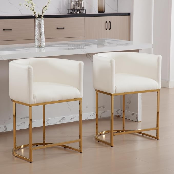 Modern Counter Height PU Leather Upholstered Bar Stools Set of 2, 24" Kitchen Counter Island Stools Bar Chairs with Gold Metal Frame, White
