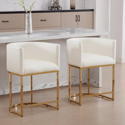 Modern Counter Height PU Leather Upholstered Bar Stool, 24" Kitchen Counter Island Stools Bar Chairs with Gold Metal Frame, White
