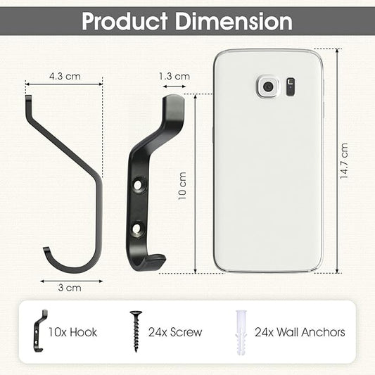 GlazieVault Coat Hooks Wall – Door Hooks (10 Pack) - Heavy Duty Wall Mounted - Premium Design Rust Free Hooks